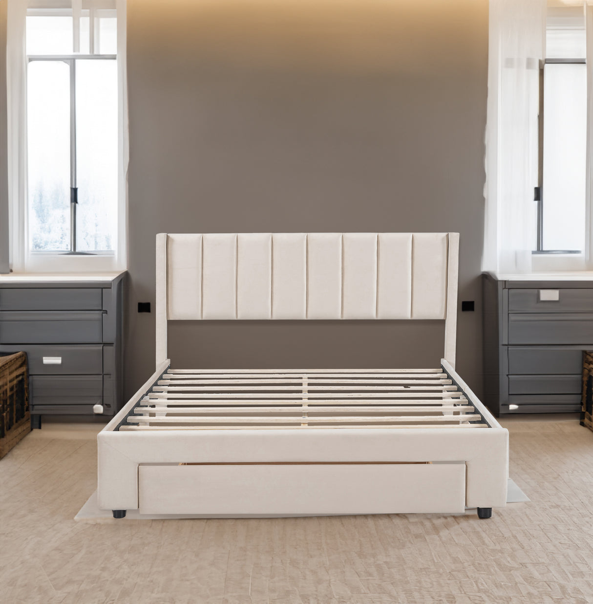 Queen Size Storage Bed Velvet Upholstered Platform Bed with a Big Drawer - Beige - V.I.P Digital Presence