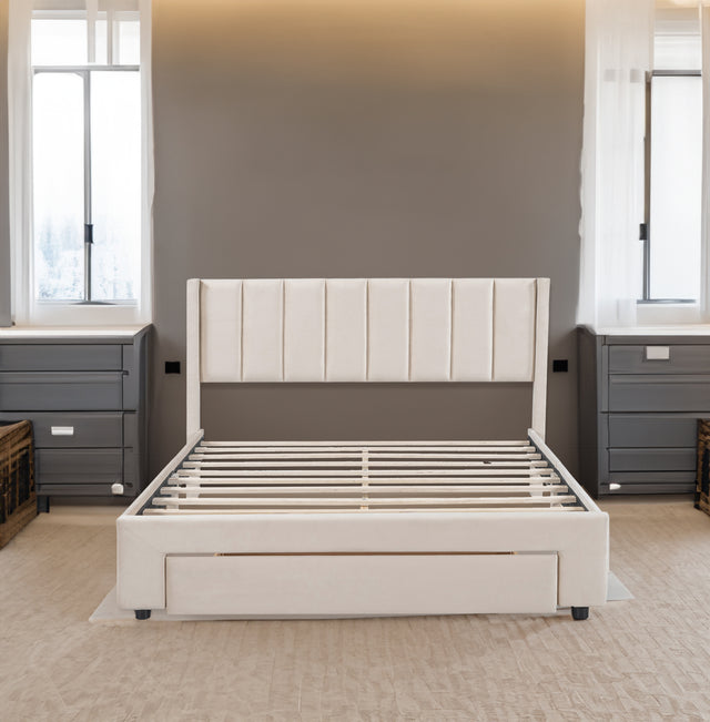 Queen Size Storage Bed Velvet Upholstered Platform Bed with a Big Drawer - Beige - V.I.P Digital Presence