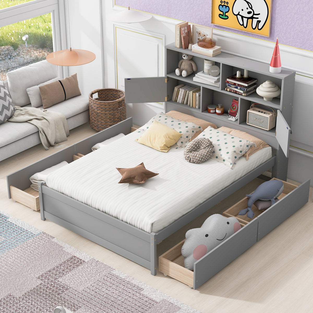Full Size Platform Bed with Storage Headboard, Charging Station and 4 Drawers, Gray - V.I.P Digital Presence