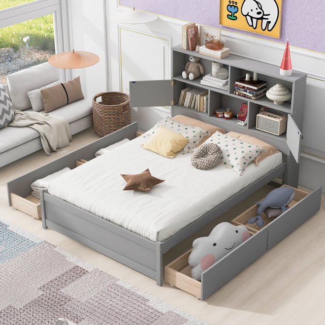 Full Size Platform Bed with Storage Headboard, Charging Station and 4 Drawers, Gray - V.I.P Digital Presence