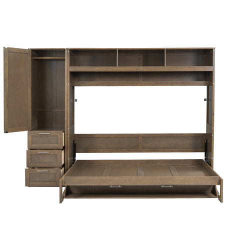 Full Size Murphy Bed with Wardrobe, Drawers and Open Shelves, Antique Grey - V.I.P Digital Presence