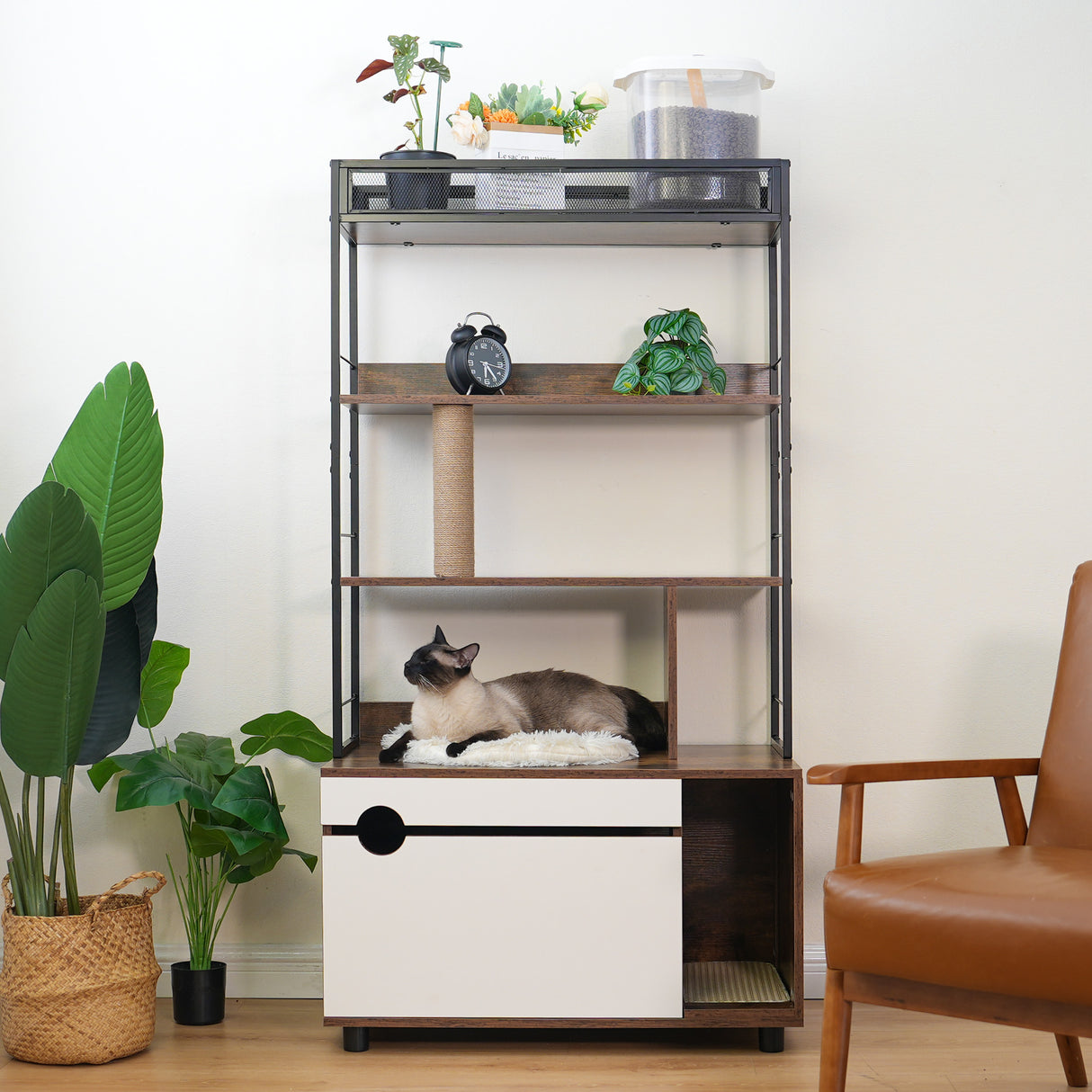 Cat Litter Box Enclosure with Shelves,Hidden Litter Box with Scratching Posts, litter box furniture ,Wooden Cat tree - V.I.P Digital Presence