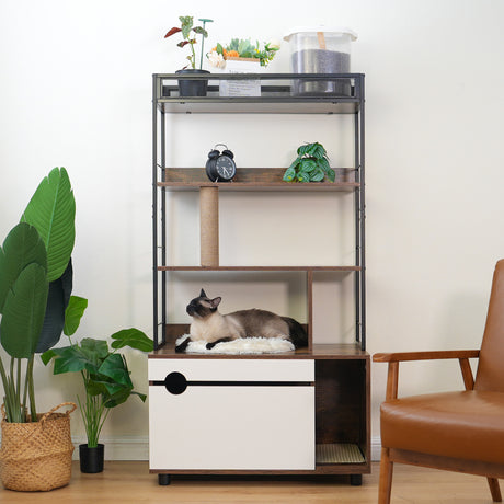 Cat Litter Box Enclosure with Shelves,Hidden Litter Box with Scratching Posts, litter box furniture ,Wooden Cat tree - V.I.P Digital Presence