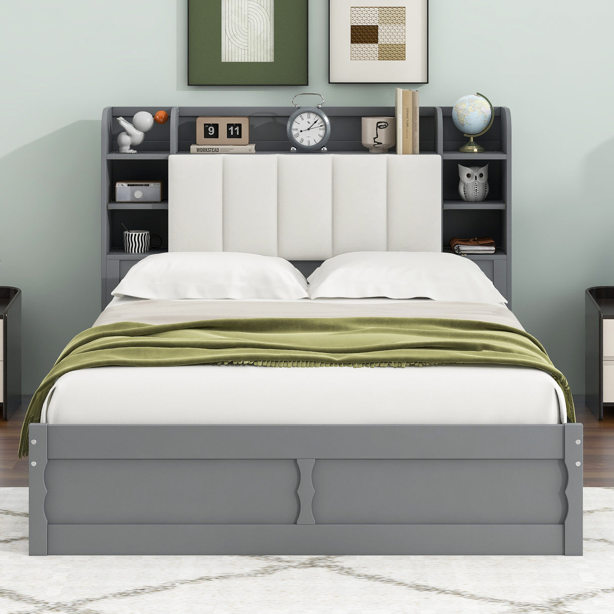 Wood Queen Size Platform Bed with Storage Headboard  Shelves and 2 Drawers  Gray
