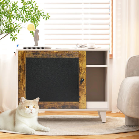 Litter Box Enclosure,Modern Hidden Cat Litter Box Enclosure Furniture with Scratching Pad for Living Room, White + vintage - V.I.P Digital Presence