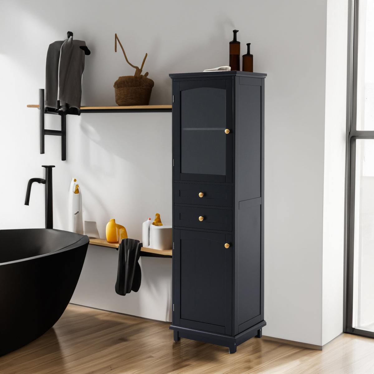 Tall Bathroom Storage Cabinet with Glass Doors, Free-Standing, Two Drawers, and Adjustable Shelves, MDF Board, Painted Black - V.I.P Digital Presence