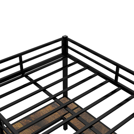 Full metal loft bed with desk and shelf, loft bed with ladder and guardrail, black with retro wood desk - V.I.P Digital Presence