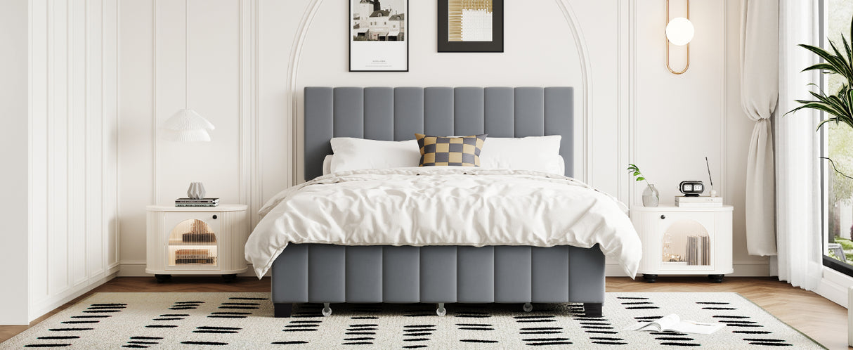 Queen Size Velvet Upholstered Platform Bed with 2 Drawers and 1 Twin XL Trundle- Gray - V.I.P Digital Presence