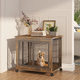 Furniture Style Dog Crate Side Table on Wheels with Double Doors and Lift Top. Rustic Brown, 31.50'' W x 22.05'' D x 25'' H. - V.I.P Digital Presence