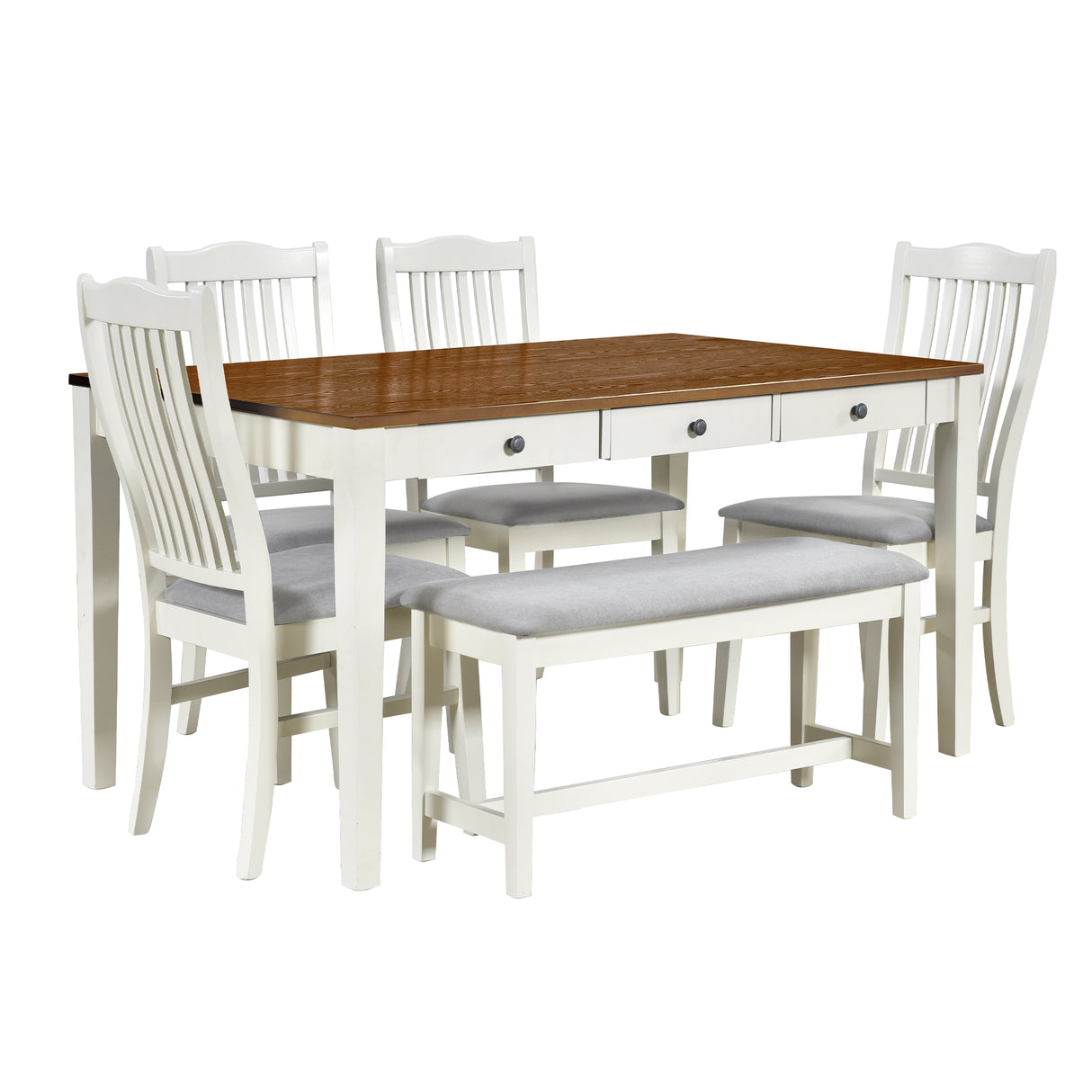 TOPMAX Mid-Century 6-Piece Wood Dining Table Set, Kitchen Table Set with Drawer  Upholstered Chairs and Bench  Butter Milk