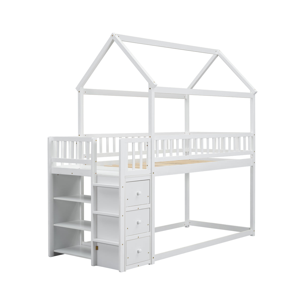 TWIN/TWIN HOUSE BUNK BED WITH SHELVES AND DRAWERS FOR WHITE COLOR - V.I.P Digital Presence