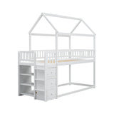 TWIN/TWIN HOUSE BUNK BED WITH SHELVES AND DRAWERS FOR WHITE COLOR - V.I.P Digital Presence