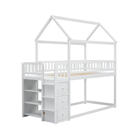 TWIN/TWIN HOUSE BUNK BED WITH SHELVES AND DRAWERS FOR WHITE COLOR - V.I.P Digital Presence