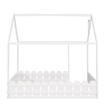 (Slats are not included) Full Size Wood Bed House Bed Frame with Fence for Kids Teens Girls Boys (White ) - V.I.P Digital Presence