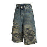 Post-Apocalyptic Style Distressed Patchwork Camouflage Seven-Quarter Denim Pants Men's Summer Fake Two-Piece Washed Frayed Hem Shorts - V.I.P Digital Presence