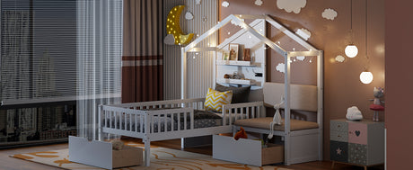 Twin Size House Bed with Upholstered Sofa, House Bed with Charging Station, Wireless Charging, Shelves and Two Drawers, White - V.I.P Digital Presence