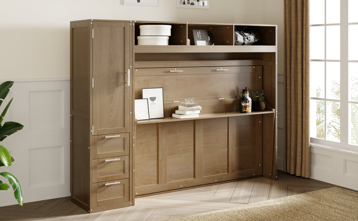 Full Size Murphy Bed with Wardrobe, Drawers and Open Shelves, Antique Grey - V.I.P Digital Presence