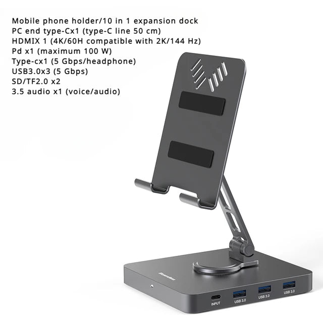 Concentrador/convertidor divisor USB 3.0 con puerto Gigabit Ethernet 4K/60 Hz, soporte giratorio de panel plano, estación de acoplamiento tipo C