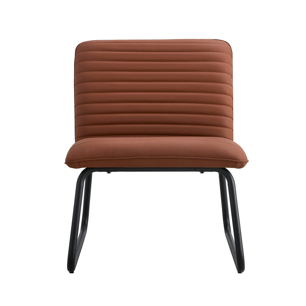 Brown minimalist armless sofa chair with PU backrest and black metal legs