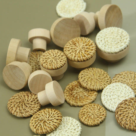 Vine woven circular cake wooden handle cabinet door rattan woven wooden handle single hole raw wood color handle - V.I.P Digital Presence