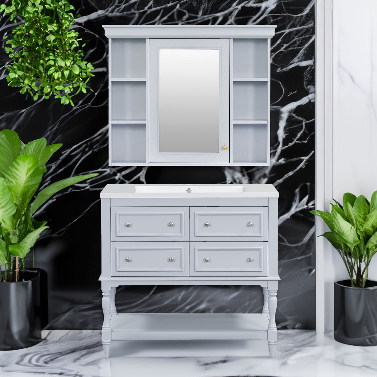 36'' Bathroom Vanity with Medicine Cabinet, Modern Mirror Cabinet with Adjustable Shelf, Bathroom Storage Cabinet with 4 Drawers - V.I.P Digital Presence
