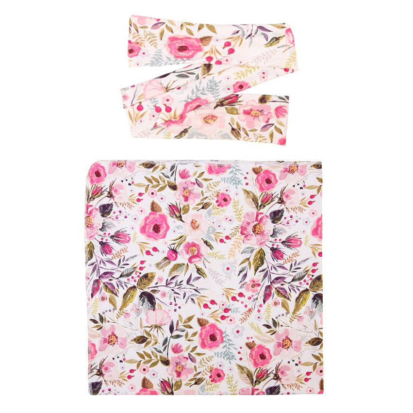 Conjunto de 2 piezas de manta con flores para bebé, envoltura para fotografía de recién nacidos, banda para el cabello con lazo y toalla
