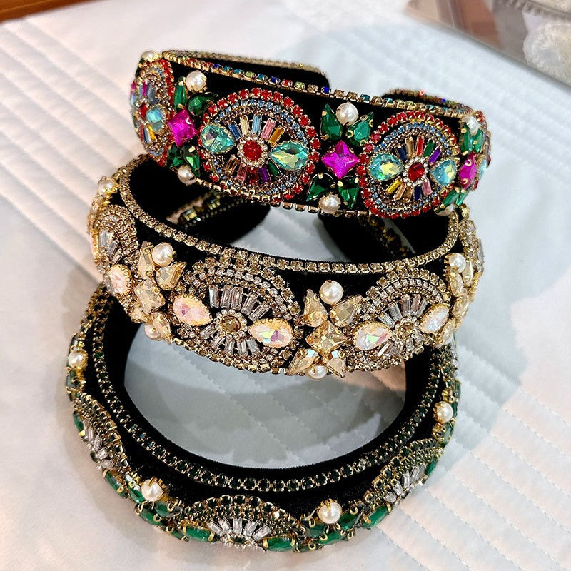 Super Sparkling Diamond Pearl Hair Hoop Baroque Retro Women's Sponge Head Hoop - V.I.P Digital Presence