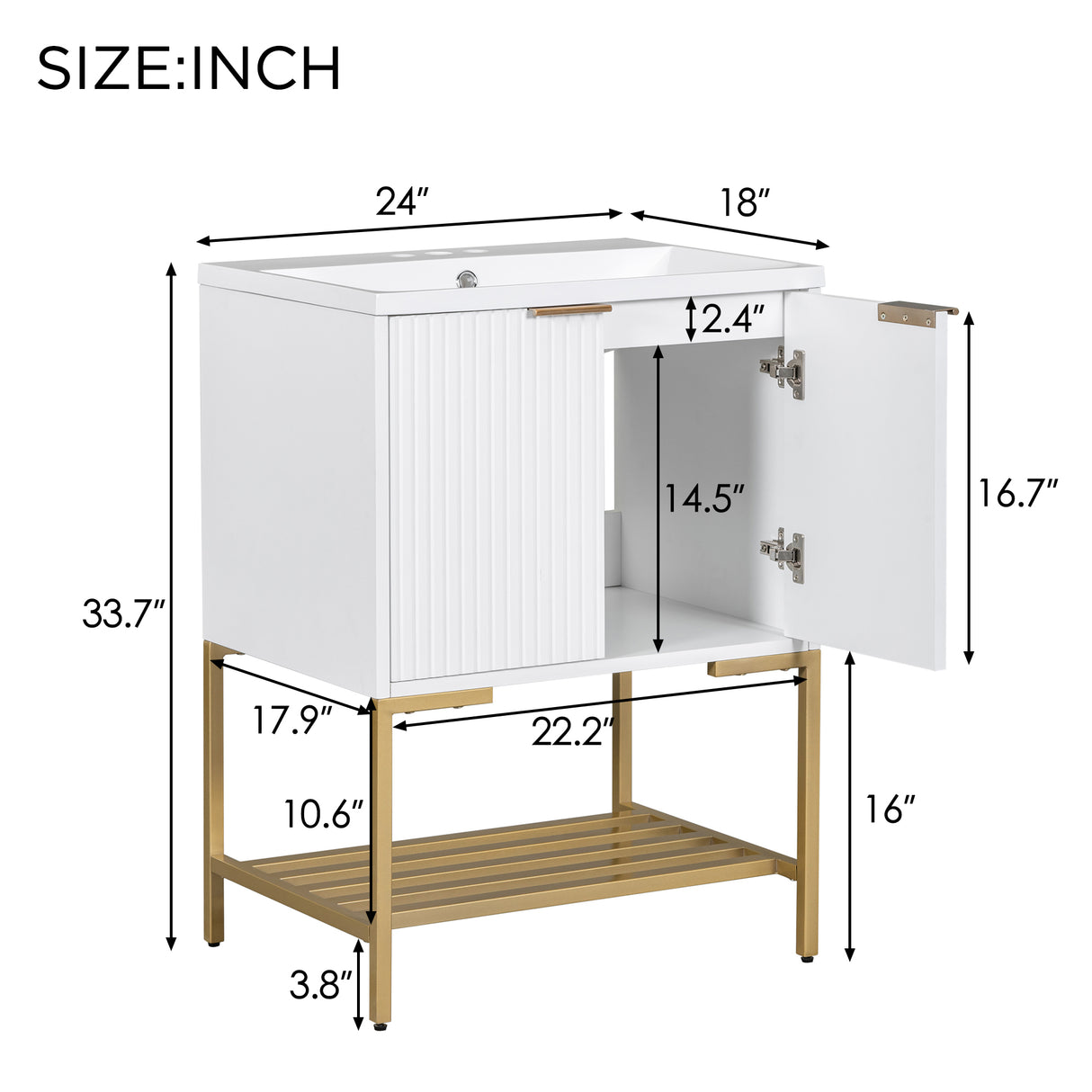 24" Bathroom Vanity with Sink, Bathroom Vanity Cabinet with Two Doors and Gold Metal Frame, Open Storage Shelf, White - V.I.P Digital Presence