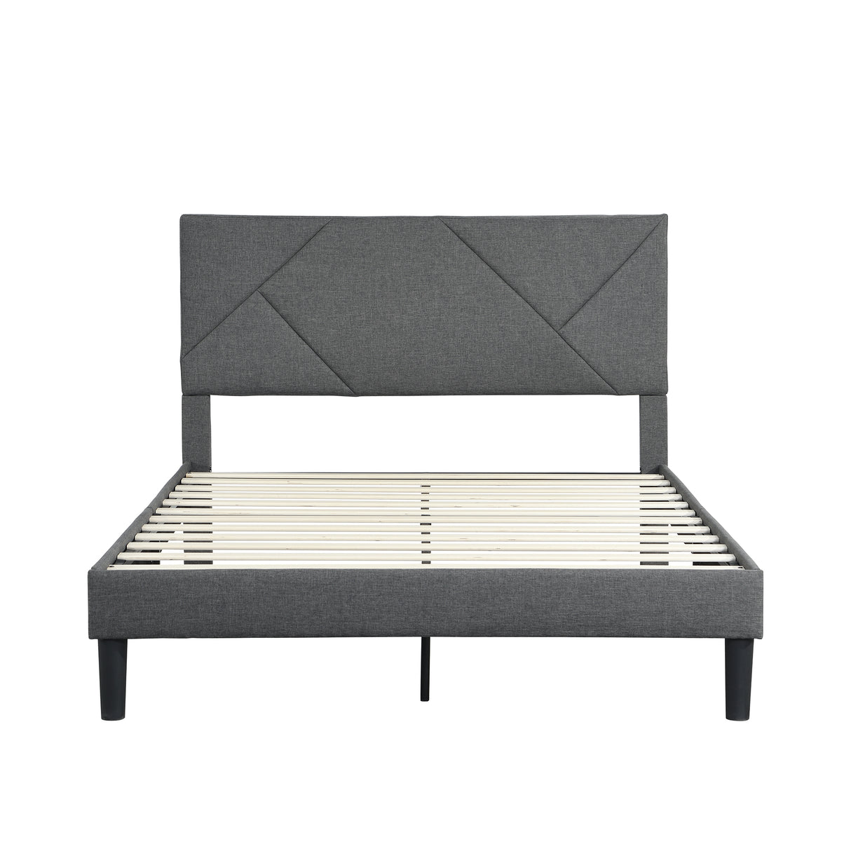 Queen Size Upholstered Platform Bed Frame Wood Slat Support Grey - V.I.P Digital Presence