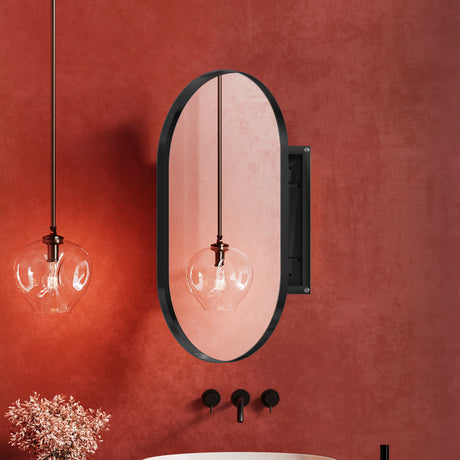20x34 inch oval embedded medicine cabinet, metal frame bathroom cabinet with mirror and adjustable shelf matte black - V.I.P Digital Presence