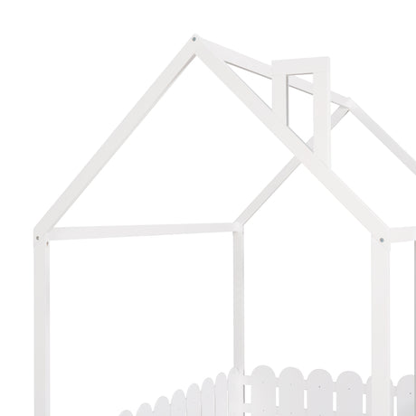 (Slats are not included) Full Size Wood Bed House Bed Frame with Fence for Kids Teens Girls Boys (White ) - V.I.P Digital Presence