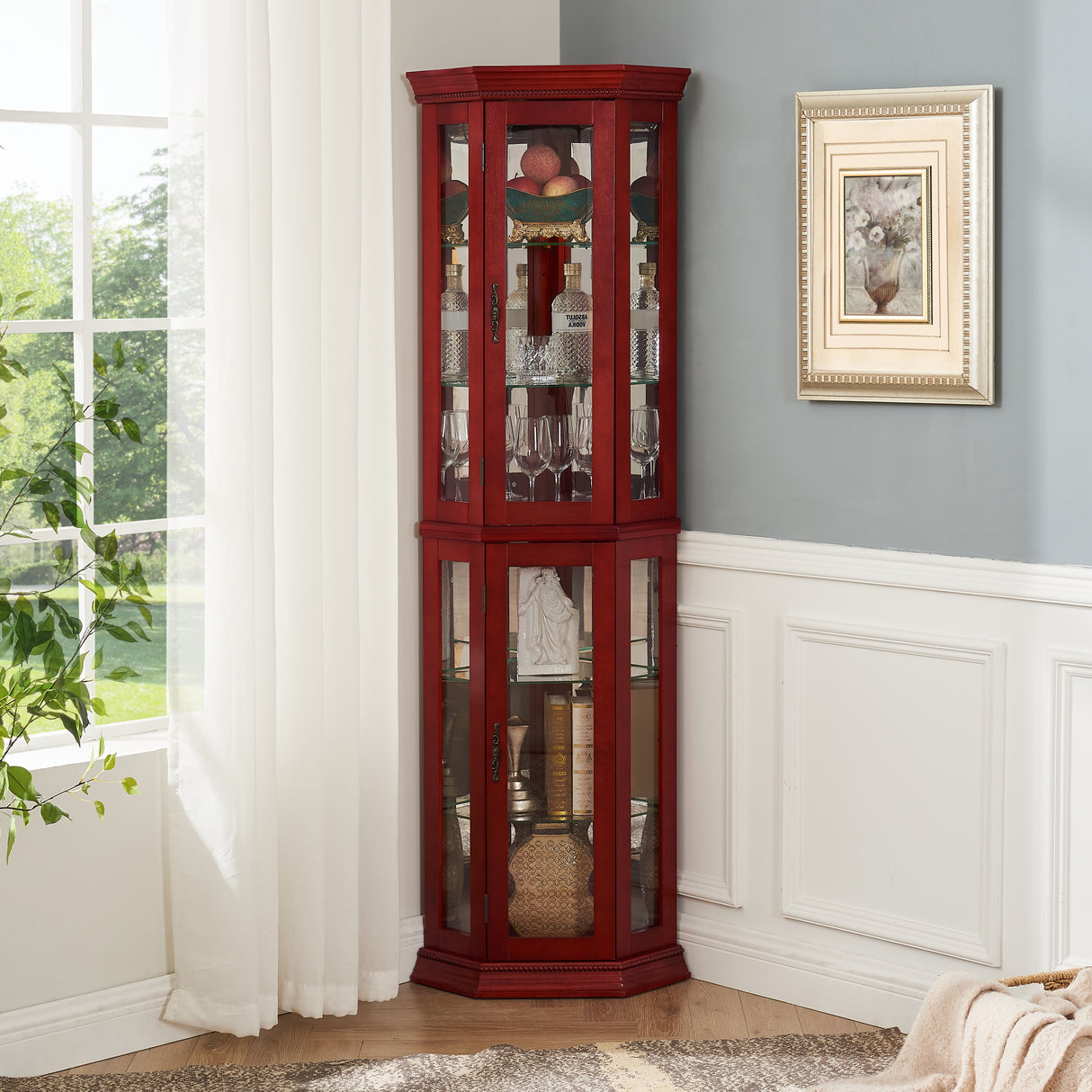 Corner Curio cabinet with illuminated glass display stand and tempered glass door, with adjustable bracket and light bulb - V.I.P Digital Presence