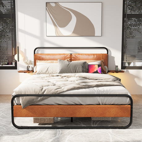 King Size Metal Bed Frame with Upholstered Headboard, with wireless charging and USB A & USB C, Touch LED light Vintage Brown - V.I.P Digital Presence