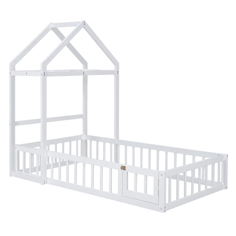 Wooden Twin Size Children's Bed with Detachable Headboard and Integrated Clothes Drying Rack, White - V.I.P Digital Presence