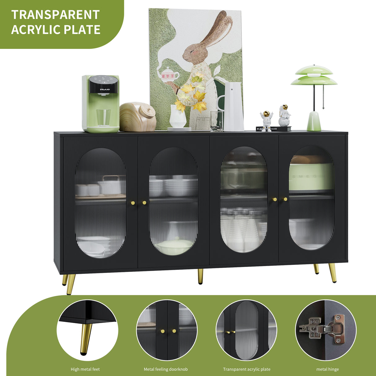 Modern Accent Sideboard Cabinet with Acrylic Doors, Freestanding Storage Cupboard Console Table for Kitchen Dining Black - V.I.P Digital Presence