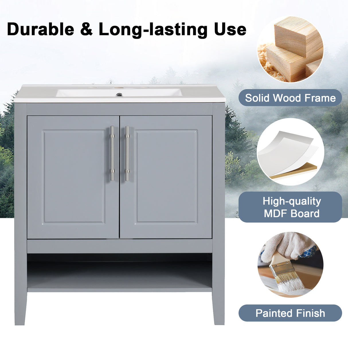 30" Bathroom Vanity with Sink, Multi-functional Bathroom Cabinet with Doors and Drawers, Solid Frame and MDF Board, Grey - V.I.P Digital Presence