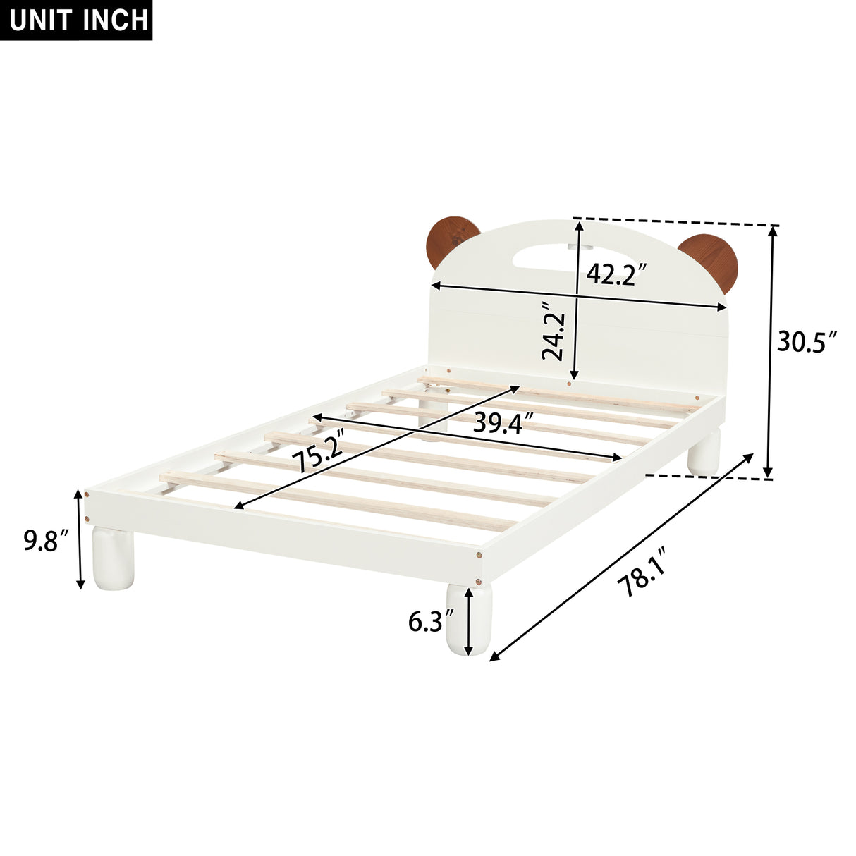 Twin Size Platform Bed with Bear Ears Shaped Headboard and LED Cream White