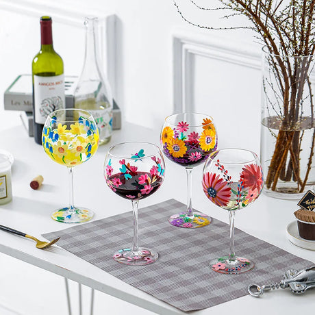 Nordic Colored Glass Wine Glasses Creative Hand-Painted Flowers Wine Glass Household Painted Goblet Crystal Champagne Drinkware - V.I.P Digital Presence