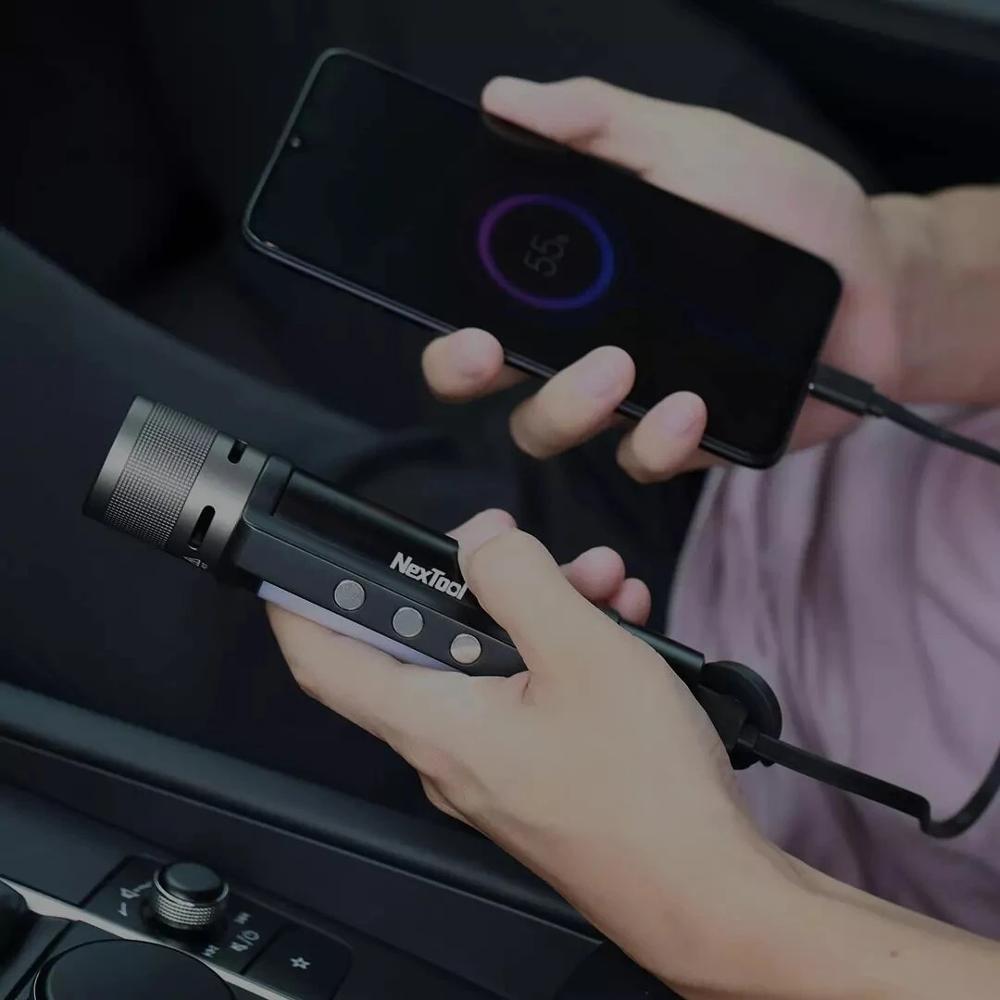 Linterna NEXTOOL 6 en 1 de 1000 lm con alarma y zoom, batería externa recargable por USB-C, luz de trabajo para camping 