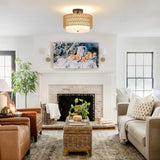 3-Light Semi Flush Mount Ceiling Light Fixture, Boho Rattan Light Fixtures Ceiling, Farmhouse Drum Light with Fabric Shade - V.I.P Digital Presence