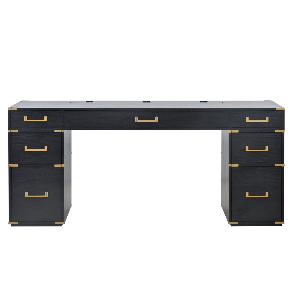 70 inch classic and traditional executive desk with metal trim, writing desk with 2 file drawers, USB ports, and sockets, black - V.I.P Digital Presence