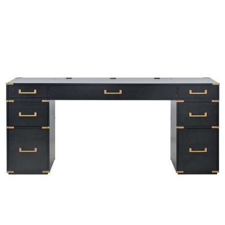 70 inch classic and traditional executive desk with metal trim, writing desk with 2 file drawers, USB ports, and sockets, black - V.I.P Digital Presence