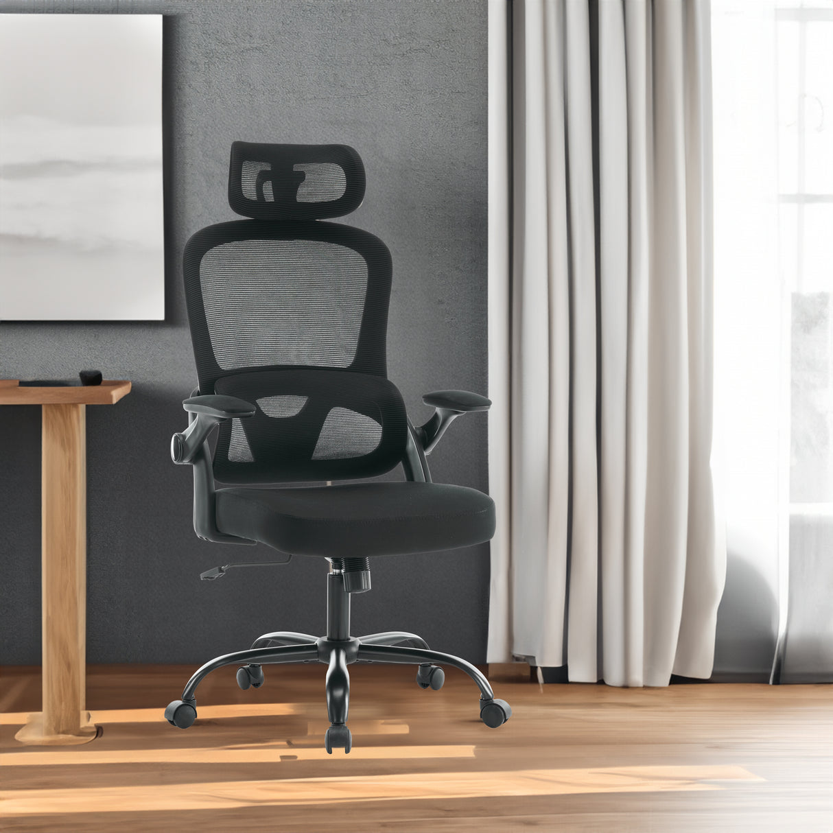 High backrest mesh office chair with 3D armrests, rotating computer task chair with adjustable 2D headrest, tilt function black - V.I.P Digital Presence
