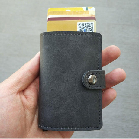 RFID Protected Vintage Automatic Leather Credit Card Holder Men Aluminum Alloy Hasp Business ID Multifunction Cardholder Wallet - V.I.P Digital Presence