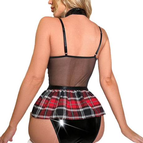 Sexy patent leather strap checkered jumpsuit lingerie, no take off uniform, small chest, pure desire to see through pajamas - V.I.P Digital Presence