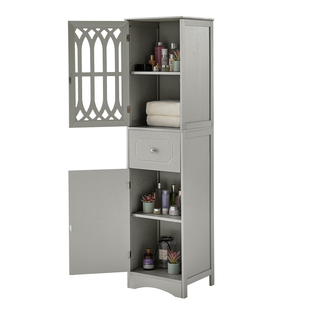 Tall Bathroom Cabinet, Freestanding Storage Cabinet with Drawer and Doors, MDF Board, Acrylic Door, Adjustable Shelf, Grey - V.I.P Digital Presence