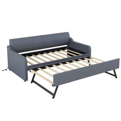 Twin Size Upholstery DayBed with Trundle and USB Charging Design Trundle can be flat or erected Gray - V.I.P Digital Presence