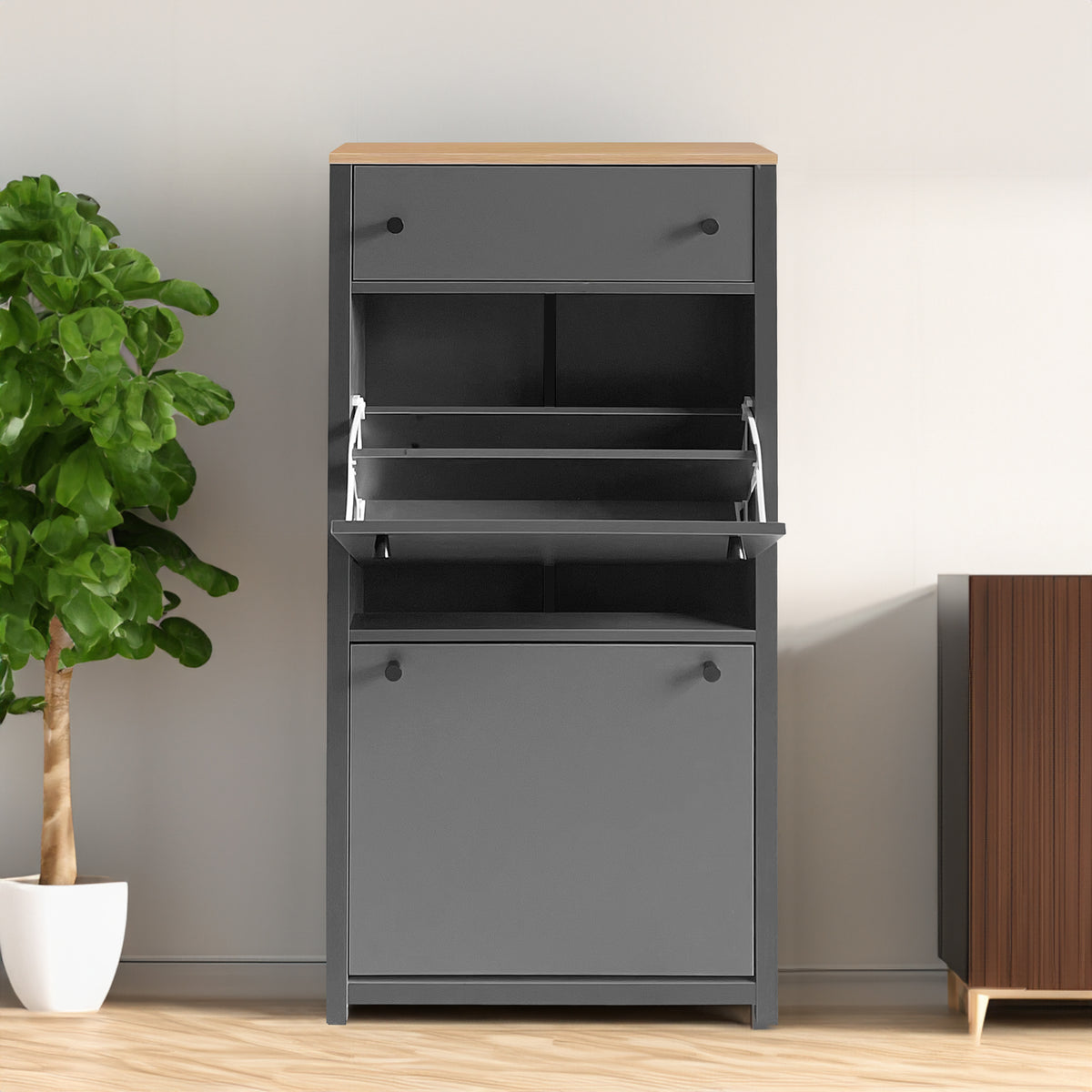 ONTREND functional with 2 flipped drawers, top shoe cabinet with adjustable panel, independent shoe rack, gray - V.I.P Digital Presence