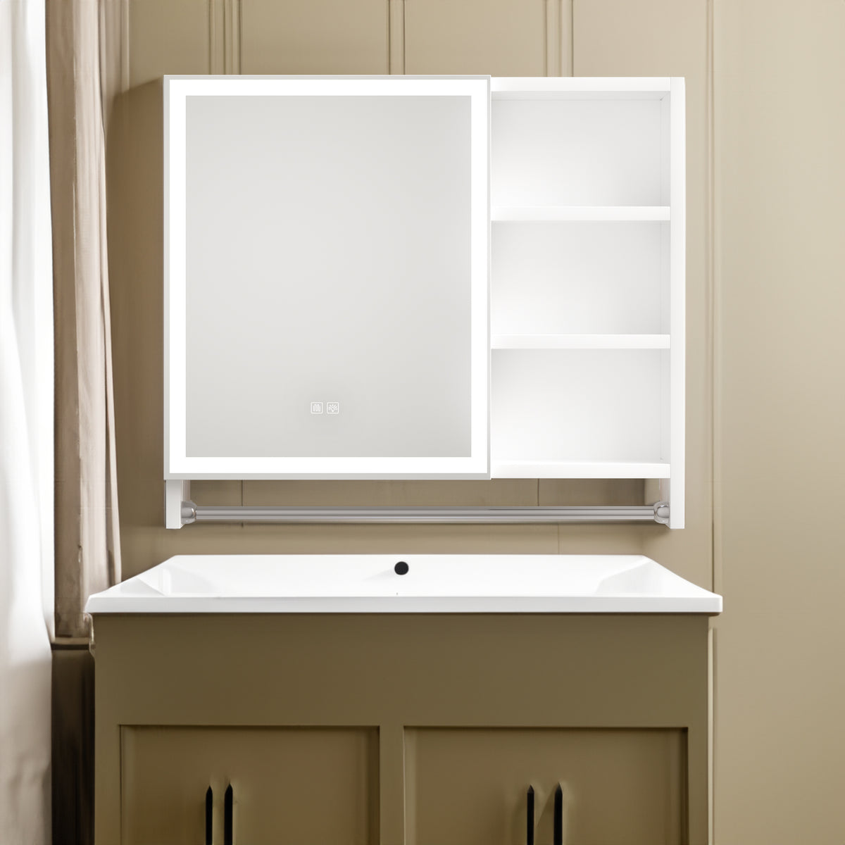 Modern 32x28 inch bathroom storage cabinet with mirrors, LED lights, multi-layer storage compartments, and towel racks - V.I.P Digital Presence