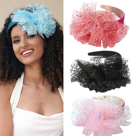 Solid color sequin flower wide edge girl style mesh headband - V.I.P Digital Presence